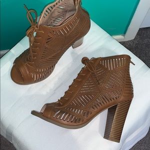 Brown Strappy Lace Up Block Heels